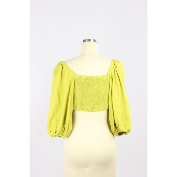 FARM RIO Chartreuse Green Linen Front Tie Puff Sleeve Crop Top Blouse, Size PP - Picture 6 of 15